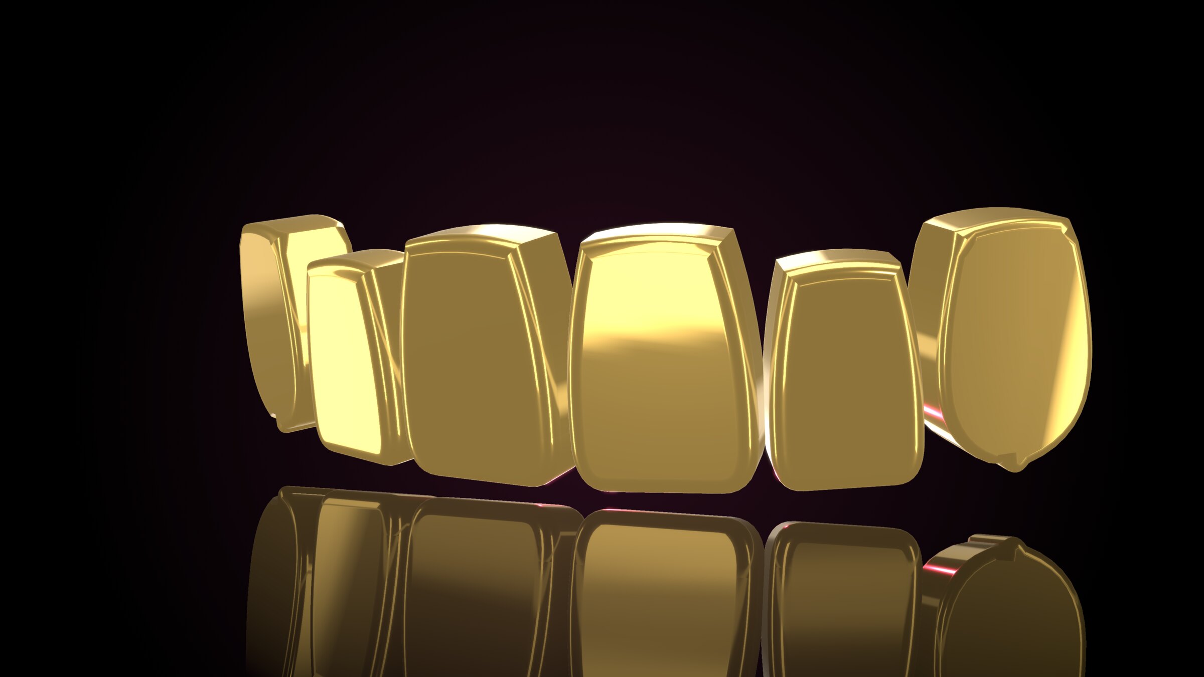 3D render of an 18ct gold top-six grill on a black mirror